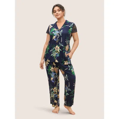 Bloomchic Women's Plus Size Floral Feeling Pockets Rib Knit Pajama Bottoms Indigo Floral Colorblock 10/m In Purple