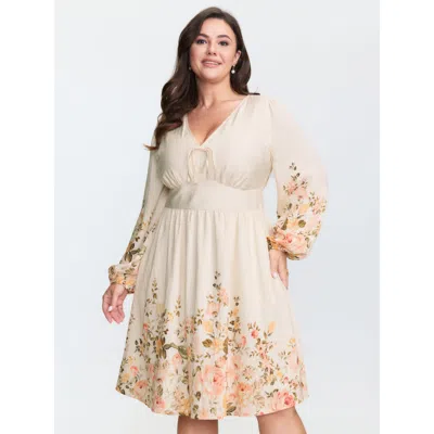 Bloomchic Women's Plus Size Floral Fiesta Adjustable Bodice Mini Dress Beige Ditsy Floral Knee Elegant Colorbl In Sand