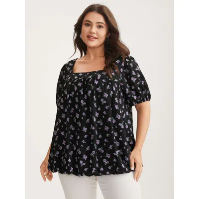 Bloomchic Women's Plus Size Floral Fiesta Pleated Square Neck Blouse Black Floral Elegant Short Sleeve 12/l