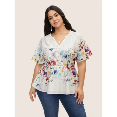 Bloomchic Women's Plus Size Floral Flat Collar With V Notch Frill Trim Blouse Multicolor Floral Elegant Short 