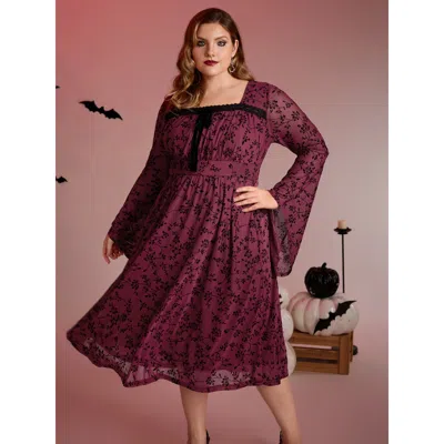Bloomchic Women's Plus Size Floral Flocked Lace Cinched-waist Midi Dress Crimson Synthetic Texture Midi Elegan In Red