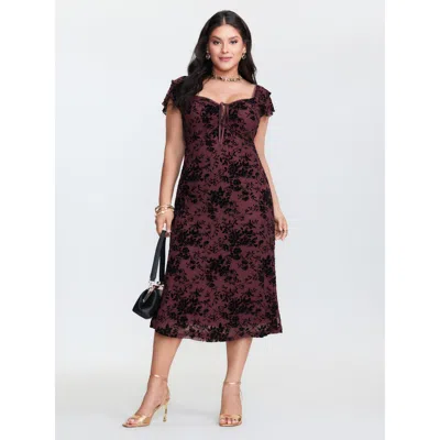 Bloomchic Women's Plus Size Floral Flocked Mesh Ruched Drawstring Midi Dress Burgundy Ditsy Floral Midi Elegan