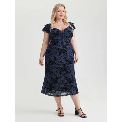 Bloomchic Women's Plus Size Floral Flocked Mesh Ruched Drawstring Midi Dress Darkblue Ditsy Floral Midi Elegan In Blue