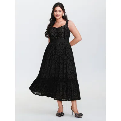 Bloomchic Women's Plus Size Floral Flocked Shirred Mesh Maxi Dress Black Synthetic Texture Maxi Elegant Textur