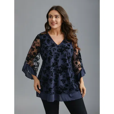 Bloomchic Women's Plus Size Floral Flocking Mesh Asymmetrical Hem Blouse Indigo Floral Elegant Long Sleeve V-n In Purple