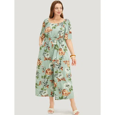 Bloomchic Women's Plus Size Floral Flutter Sleeve Gathered Belt Pocket Jumpsuit Sage Dailywear 30/6x In Green