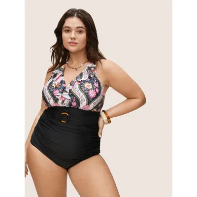 Bloomchic Women's Plus Size Floral Flutters Buckle Detail One Piece Swimsuit Black Bohemian Print Non Adaptive