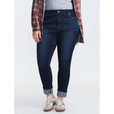 Bloomchic Women's Plus Size Floral Folded Hem Cropped Skinny-fit Jeans Darkindigo Not Graphics Non Skinny Fit  In Purple