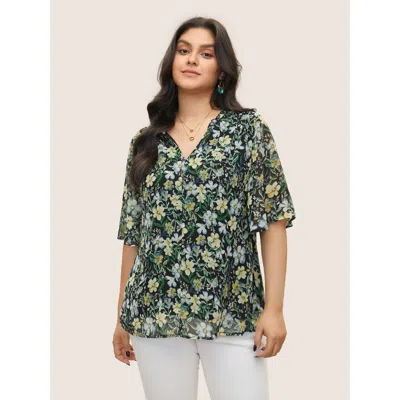 Bloomchic Women's Plus Size Floral Frill Trim Flutter Sleeve Blouse Black Floral Everyday Half Sleeve 18-20/2x