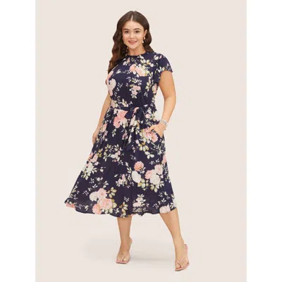 Bloomchic Women's Plus Size Floral Frill Trim Mock Neck Pocket Ruffle Belted Cap Sleeve Dress Darkblue Floral  In Blue