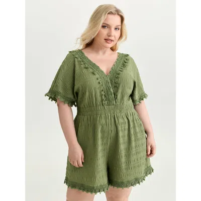 Bloomchic Women's Plus Size Floral Fringe Lace Neckline Romper Armygreen Elegant Fitted 12/l