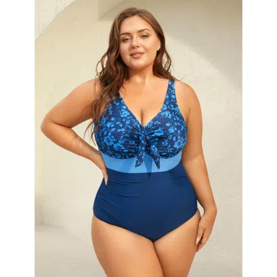 Bloomchic Women's Plus Size Floral Front-knot One-piece Swimsuit Indigo Floral Gathered Adaptive-fit 26/4x In Purple