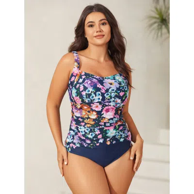 Bloomchic Women's Plus Size Floral Fun Ruched One-piece Swimsuit Indigo Floral Ruched Adaptive-fit 30/6x In Purple
