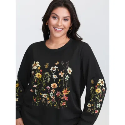 Bloomchic Women's Plus Size Floral Fun Stretchy Cuffs Sweatshirt Black Floral Casual Round Neck 10/m