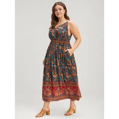 Bloomchic Women's Plus Size Floral Gathered Button Pocket Cami Maxi Dress Darkblue Floral Dailywear Pocket 30/ In Blue