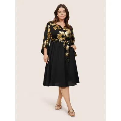 Bloomchic Women's Plus Size Floral Glitter Belted Keyhole Flutter Sleeve Dress Black Going Out Gathered 10/m