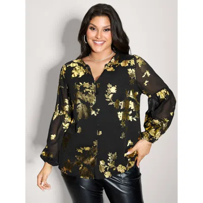 Bloomchic Women's Plus Size Floral Gold Stamp Sheer Button-down Shirt Black Party Long Sleeve 10/m