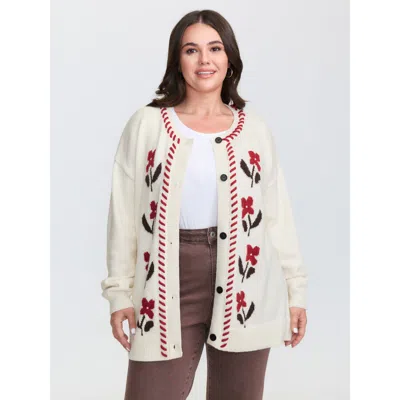 Bloomchic Women's Plus Size Floral Handmade Stitches Jacquard Knit Cardigan Ivory Long Sleeve 12/l In White