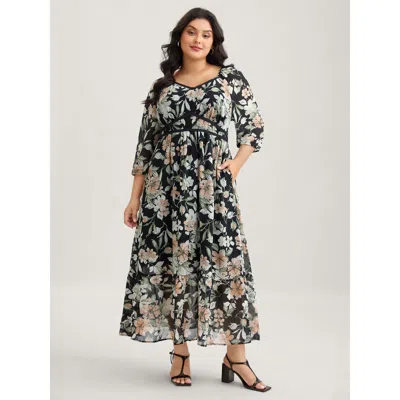 Bloomchic Women's Plus Size Floral Heart Neckline Woven Ribbon Gathered Dress Black Floral Maxi Elegant Woven 