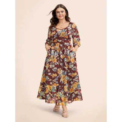 Bloomchic Women's Plus Size Floral Heart Neckline Woven Ribbon Gathered Dress Burgundy Floral Maxi Elegant Wov