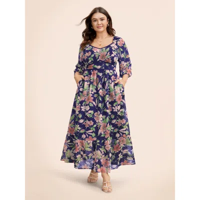 Bloomchic Women's Plus Size Floral Heart Neckline Woven Ribbon Gathered Dress Navy Floral Maxi Elegant Woven R In Blue