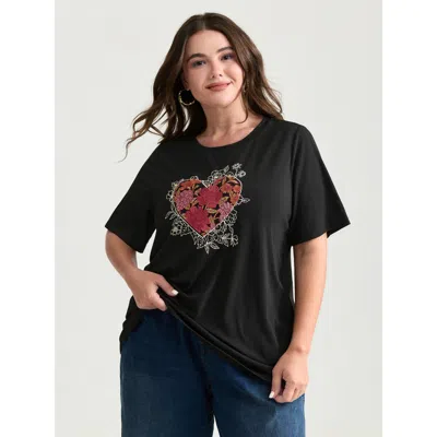 Bloomchic Women's Plus Size Floral Heart Plain Stretchy T-shirt Black Heart Casual Short Sleeve 18-20/2x