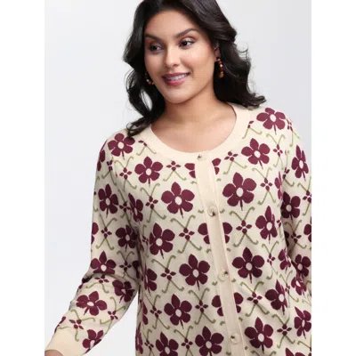 Bloomchic Women's Plus Size Floral Jacquard Button Knit Cardigan Ivory Long Sleeve 12/l In White
