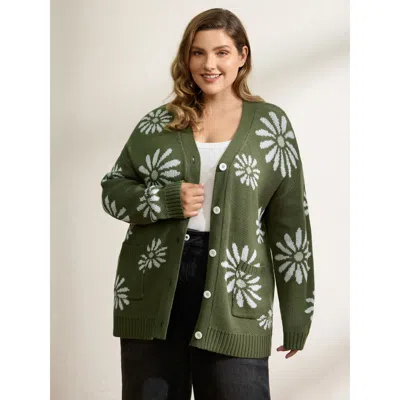 Bloomchic Women's Plus Size Floral Jacquard Button Pockets Knit Cardigan Armygreen Long Sleeve 12/l