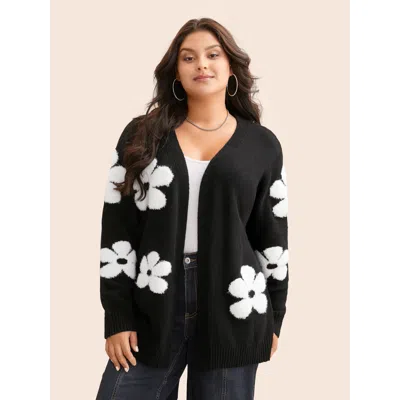 Bloomchic Women's Plus Size Floral Jacquard Drop Shoulder Sleeve Cardigan Black Long Sleeve 14-16/1x