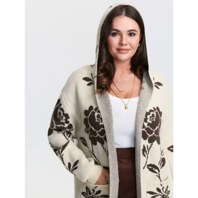 Bloomchic Women's Plus Size Floral Jacquard Hooded Contrast Knit Cardigan Browncoffeecolor Long Sleeve Hooded 