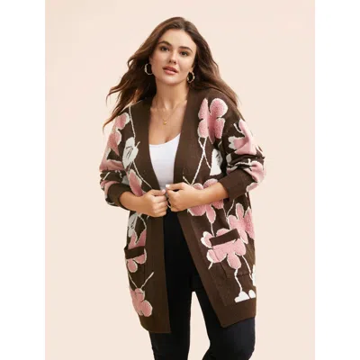 Bloomchic Women's Plus Size Floral Jacquard Open Front Pocket Cardigan Browncoffeecolor Long Sleeve 12/l