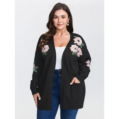 Bloomchic Women's Plus Size Floral Jacquard Pattern Pockets Knit Cardigan Black Long Sleeve 22-24/3x