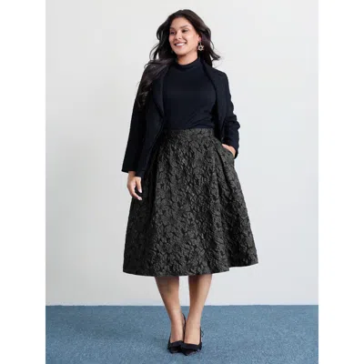 Bloomchic Women's Plus Size Floral Jacquard Pleated Midi Skirt Black Cable Knit Pleated Elegant 30/6x
