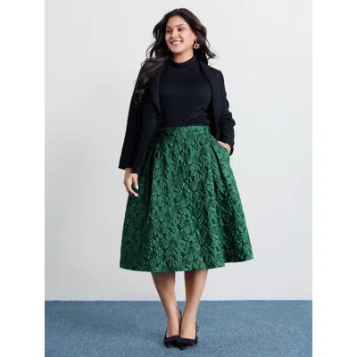 Bloomchic Women's Plus Size Floral Jacquard Pleated Midi Skirt Darkgreen Cable Knit Pleated Elegant 10/m In Green