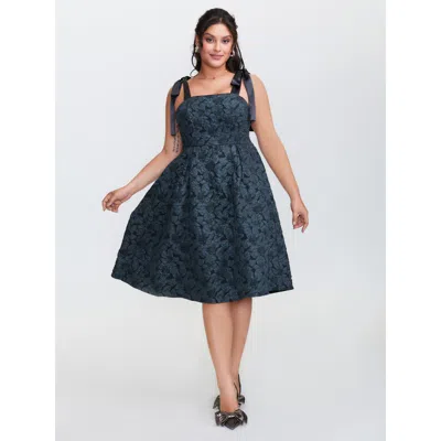 Bloomchic Women's Plus Size Floral Jacquard Shoulder Tie Midi Dress Midnight Floral Midi Elegant 10/m In Blue