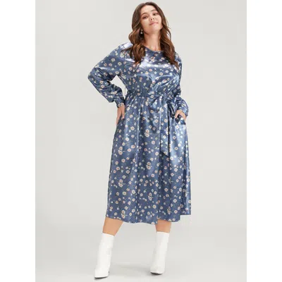 Bloomchic Women's Plus Size Floral Keyhole Back Pocket Belted Satin Midi Dress Aegean Floral Dailywear Pocket  In Blue