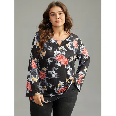 Bloomchic Women's Plus Size Floral Keyhole Ruffle Sleeve T-shirt Multicolor Dailywear Long Sleeve 12/l