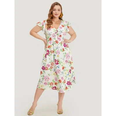 Bloomchic Women's Plus Size Floral Knot Neck Pocket Cap Sleeve Ruffle Trim Dress Multicolor Dailywear Knotted 