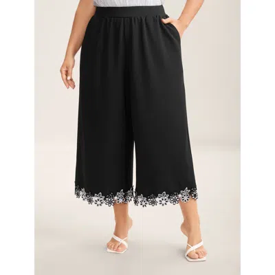 Bloomchic Women's Plus Size Floral Lace Hem Wide-leg Pants Black Non Wide Leg Mid Rise Elegant 10/m