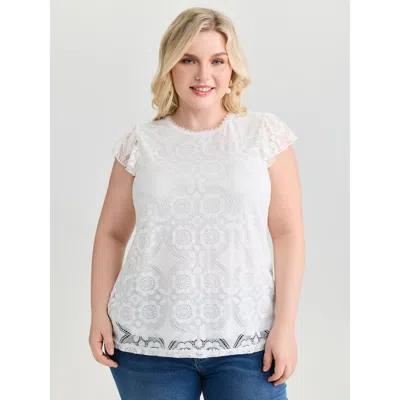 Bloomchic Women's Plus Size Floral Lace Knit Crew Neck Top Originalwhite Short Sleeve Elegant 18-20/2x