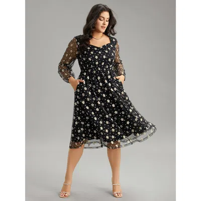 Bloomchic Women's Plus Size Floral Lace Mesh Pocket Elastic Waist Dress Black Going Out Elastic Cuffs 22-24/3x