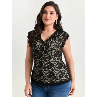Bloomchic Women's Plus Size Floral Lace Mesh V-neck Top Black Cap Sleeve Elegant V-neck 14-16/1x