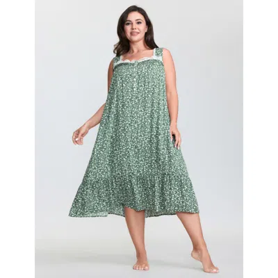 Bloomchic Women's Plus Size Floral Lace Neckline Wide Straps Nightgown Emerald Sleeveless Midi Square Neck 10/ In Green