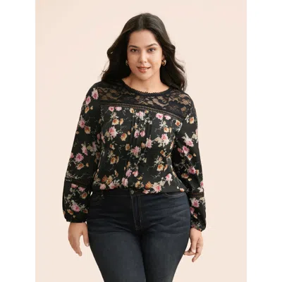 Bloomchic Women's Plus Size Floral Lace Panel Lantern Sleeve Blouse Black Floral Everyday Long Sleeve 28/5x