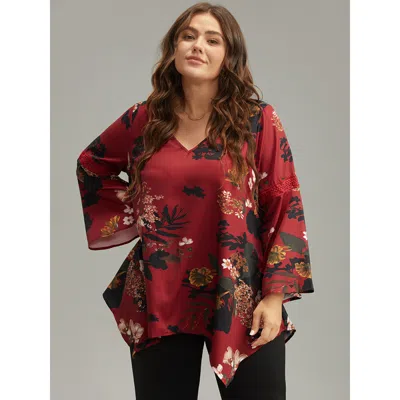 Bloomchic Women's Plus Size Floral Lace Panel V Neck Hanky Hem Blouse Scarlet Dailywear Long Sleeve 12/l In Red