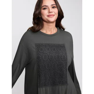 Bloomchic Women's Plus Size Floral Lace Pattern Round Neck T-shirt Darkgray Non Casual Long Sleeve 12/l In Gray