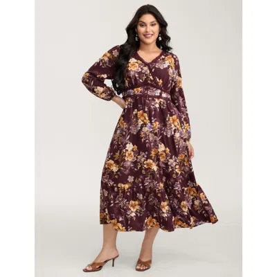 Bloomchic Women's Plus Size Floral Lace Print Pockets Maxi Dress Burgundy Floral Maxi Elegant Overlapping 10/m