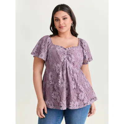 Bloomchic Women's Plus Size Floral Lace Ruched Fit And Flare Blouse Mauve Else Elegant Short Sleeve Sweetheart In Purple