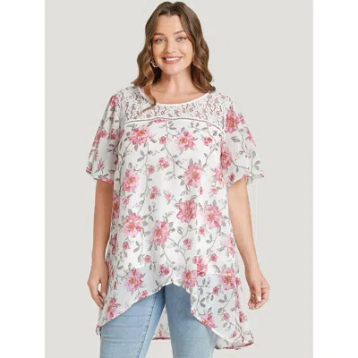Bloomchic Women's Plus Size Floral Lace Ruffle Sleeve High Low Hem Blouse White Dailywear Short Sleeve 10/m