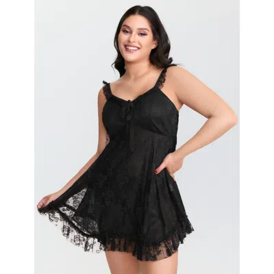 Bloomchic Women's Plus Size Floral Lace Ruffled Straps Lined Nightgown Black Sleeveless Mini V-neck 30/6x
